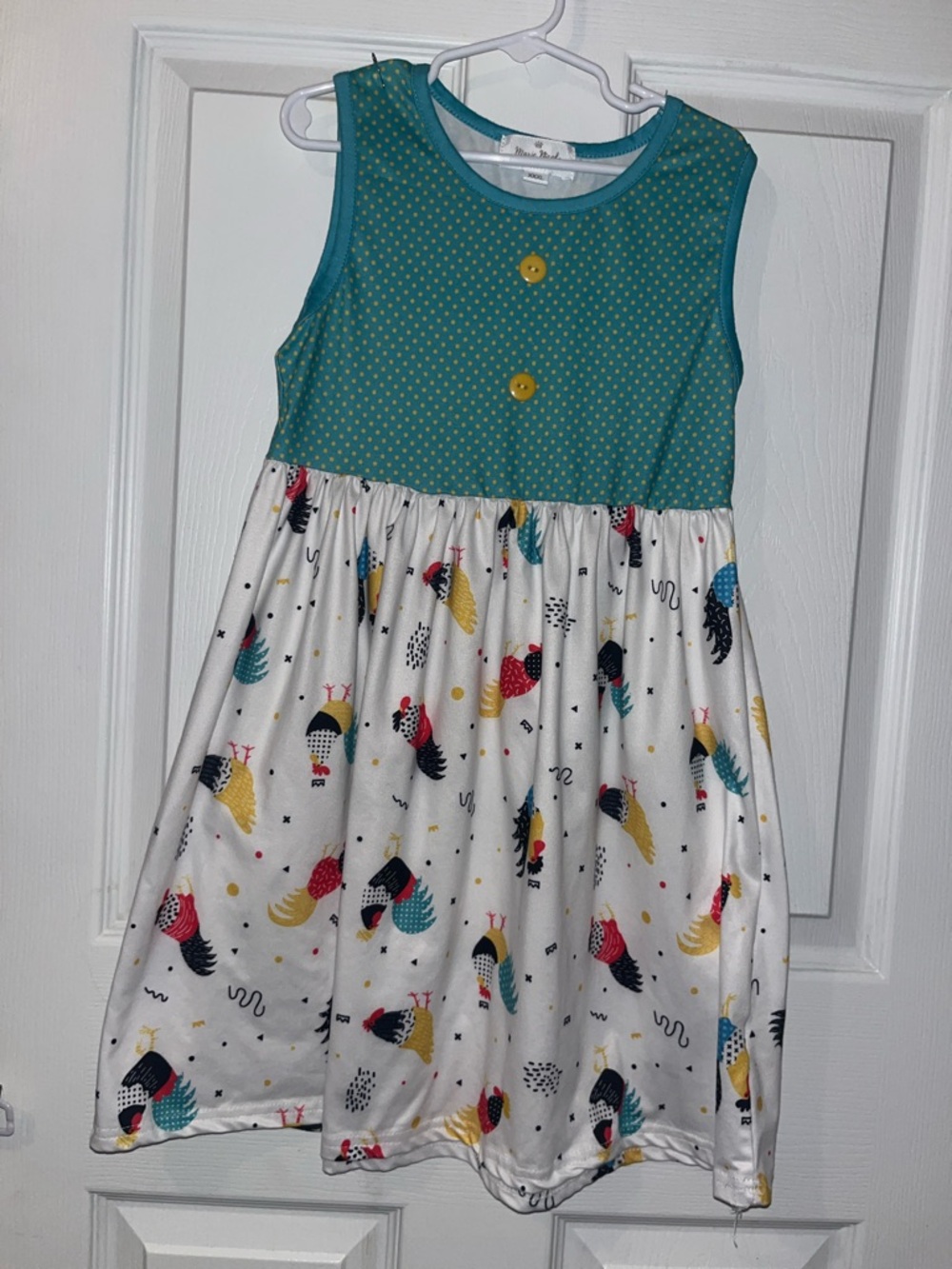 Girls' Teal Sleeveless Dress with Printed White Skirt